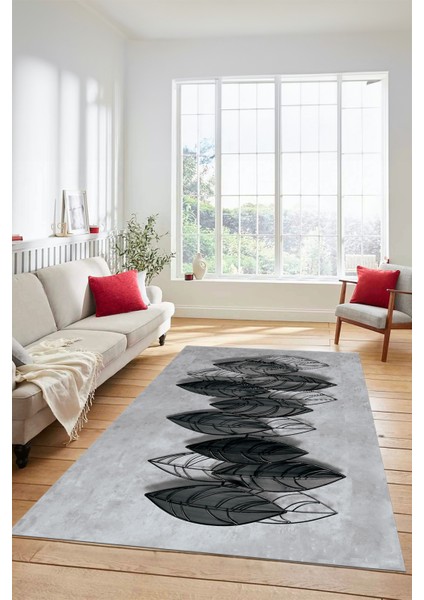Dijital Kaymaz Taban Yıkanabilir Yaprak Desenli Yolluk Mutfak Salon Halısı Modern-08-Gri modelleri