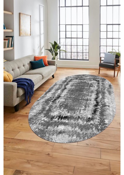 Modern Sade Desenli Dijital Kaymaz Yıkanabilir Oval Yolluk Salon Halısı O-Modern-37-Gri modelleri