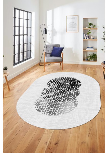 Baskılı Kaymaz Taban Yıkanabilir Modern Yolluk Mutfak Oval Salon Halısı O-Modern-01-Beyaz
