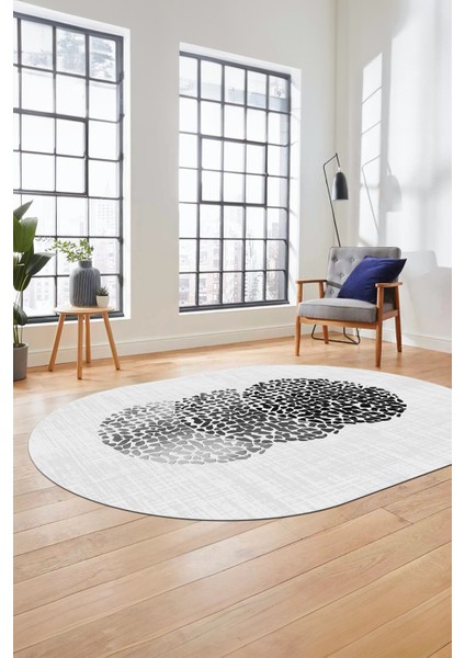 Baskılı Kaymaz Taban Yıkanabilir Modern Yolluk Mutfak Oval Salon Halısı O-Modern-01-Beyaz