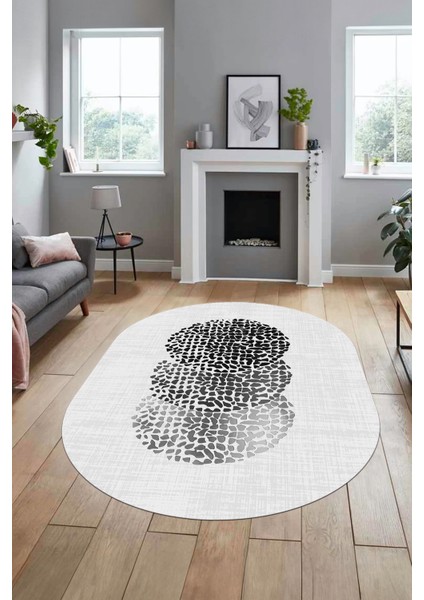 Baskılı Kaymaz Taban Yıkanabilir Modern Yolluk Mutfak Oval Salon Halısı O-Modern-01-Beyaz