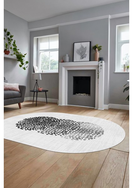 Baskılı Kaymaz Taban Yıkanabilir Modern Yolluk Mutfak Oval Salon Halısı O-Modern-01-Beyaz