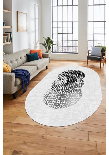 Baskılı Kaymaz Taban Yıkanabilir Modern Yolluk Mutfak Oval Salon Halısı O-Modern-01-Beyaz