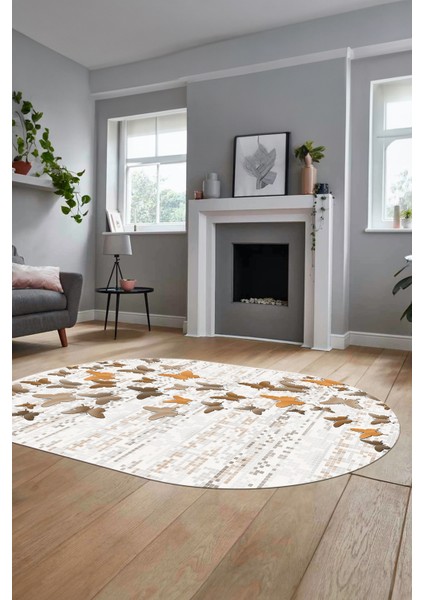 Baskılı Kaymaz Yıkanabilir Kelebek Desen Oval Yolluk Mutfak Salon Halısı O-Modern-42-Kahve fiyatları