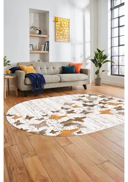 Baskılı Kaymaz Yıkanabilir Kelebek Desen Oval Yolluk Mutfak Salon Halısı O-Modern-42-Kahve fırsatları