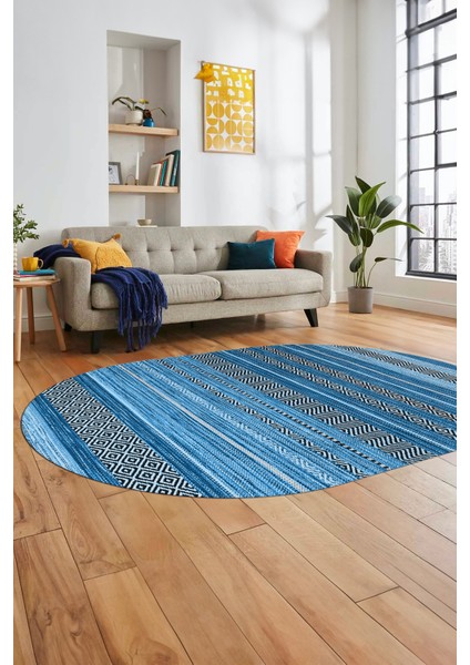 Modern Kilim Dijital Kaymaz Yıkanabilir Oval Yolluk Mutfak Salon Halısı O-Modern-17-Mavi indirimleri