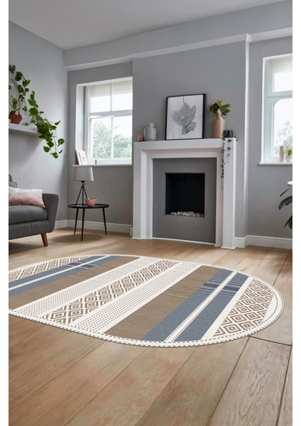 Modern Kilim Dijital Kaymaz Yıkanabilir Oval Yolluk Mutfak Salon Halısı O-Modern-18-Kahve modelleri