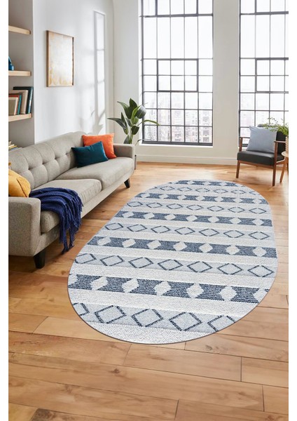 Baskılı Kaymaz Yıkanabilir Kilim Desen Oval Yolluk Mutfak Halısı Salon Halısı O-Modern-64-Mavi