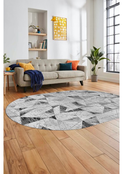 Modern Desen Özel Tasarım Dijital Kaymaz Yıkanabilir Oval Yolluk Salon Halısı O-Modern-82-Gri