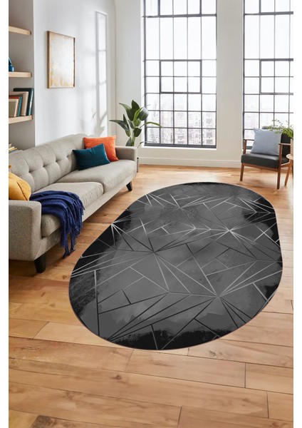 3D Baskılı Kaymaz Yıkanabilir Sade Desen Oval Yolluk Mutfak Salon Halısı O-Modern-44-Antrasit
