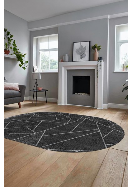 Sade Desenli Baskılı Kaymaz Taban Yıkanabilir Oval Yolluk Salon Halısı O-MODERN-117-ANTRASİT indirimleri