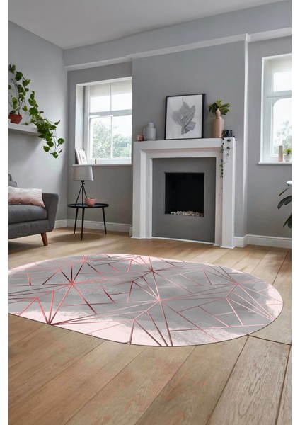 3D Baskılı Kaymaz Yıkanabilir Sade Desen Oval Yolluk Mutfak Salon Halısı O-Modern-44-Pembe