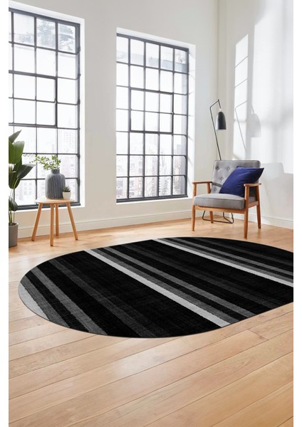 Modern Kilim Desen Dijital Kaymaz Yıkanabilir Oval Yolluk Mutfak Salon Halısı O-Modern-25-Antrasit