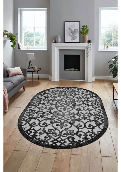 Modern Klasik Desen Dijital Kaymaz Yıkanabilir Oval Yolluk Mutfak Salon Halısı O-Modern-32-Gri