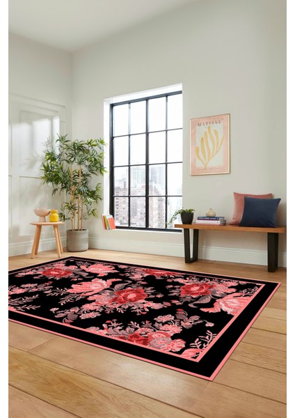 Çiçek Desenli Dijital Kaymaz Yıkanabilir Yolluk Mutfak Salon Halısı Modern-16-Pembe