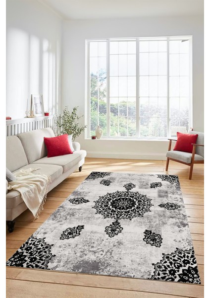 Baskılı Kaymaz Yıkanabilir Koridor Halısı Mutfak Halısı Salon Halısı Modern-45-Siyah