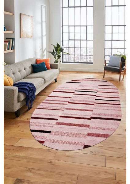 Şık Sade Kilim Desenli Dijital Kaymaz Yıkanabilir Oval Yolluk Mutfak Salon Halısı O-Modern-74-Pembe