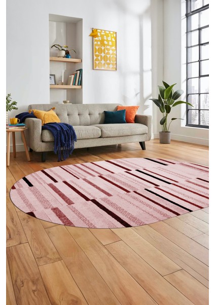 Şık Sade Kilim Desenli Dijital Kaymaz Yıkanabilir Oval Yolluk Mutfak Salon Halısı O-Modern-74-Pembe