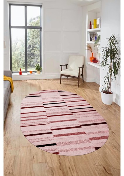 Şık Sade Kilim Desenli Dijital Kaymaz Yıkanabilir Oval Yolluk Mutfak Salon Halısı O-Modern-74-Pembe