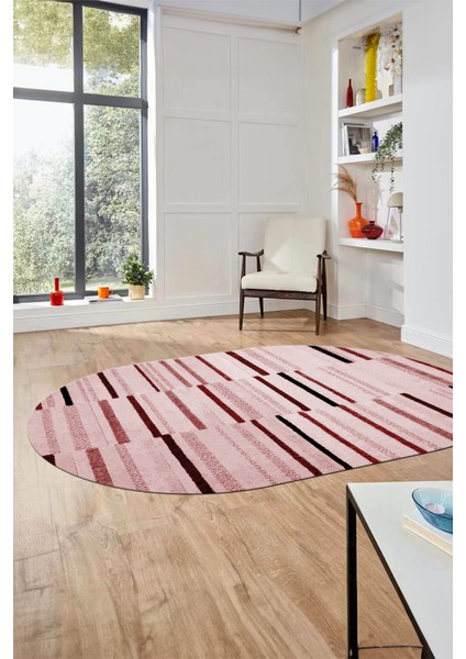 Şık Sade Kilim Desenli Dijital Kaymaz Yıkanabilir Oval Yolluk Mutfak Salon Halısı O-Modern-74-Pembe