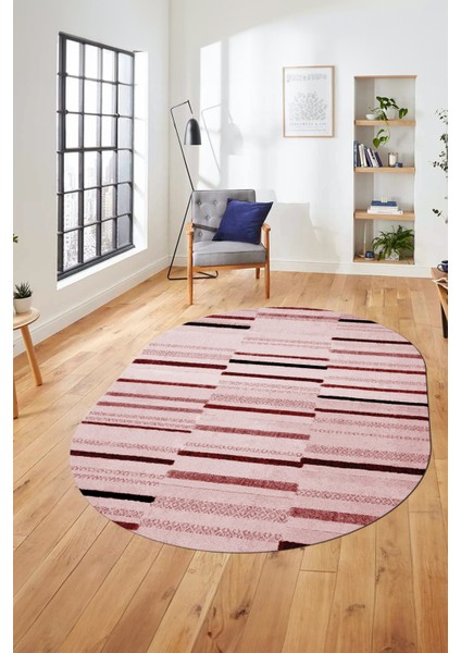 Şık Sade Kilim Desenli Dijital Kaymaz Yıkanabilir Oval Yolluk Mutfak Salon Halısı O-Modern-74-Pembe