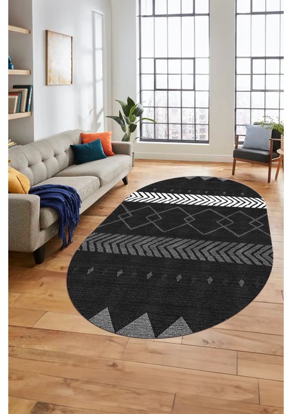 Sade Modern Kilim Desenli Dijital Kaymaz Yıkanabilir Oval Yolluk Salon Halısı O-Modern-75-Antrasit