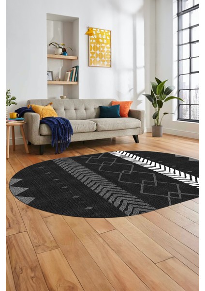 Sade Modern Kilim Desenli Dijital Kaymaz Yıkanabilir Oval Yolluk Salon Halısı O-Modern-75-Antrasit