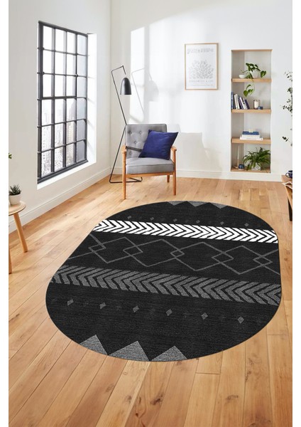 Sade Modern Kilim Desenli Dijital Kaymaz Yıkanabilir Oval Yolluk Salon Halısı O-Modern-75-Antrasit