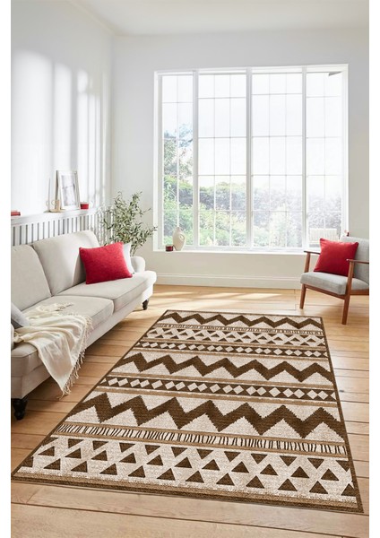 Kilim Desen Baskılı Kaymaz Taban Yıkanabilir Modern Yolluk Salon Halısı MODERN-105-KAHVE