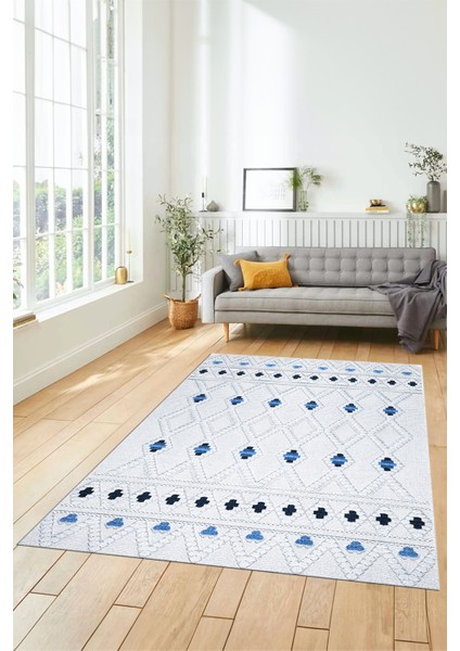 Baskılı Kaymaz Yıkanabilir Şık Kilim Desen Yolluk Mutfak Halısı Salon Halısı Modern-65-Mavi