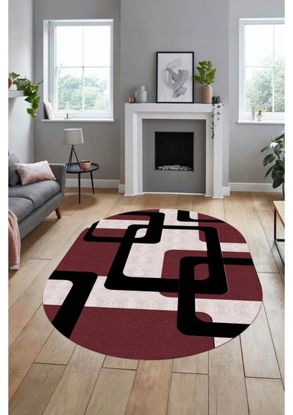 Şık Baskılı Kaymaz Yıkanabilir Modern Oval Yolluk Koridor Mutfak Salon Halısı O-Modern-40-Bordo