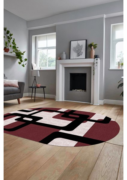 Şık Baskılı Kaymaz Yıkanabilir Modern Oval Yolluk Koridor Mutfak Salon Halısı O-Modern-40-Bordo fiyatları