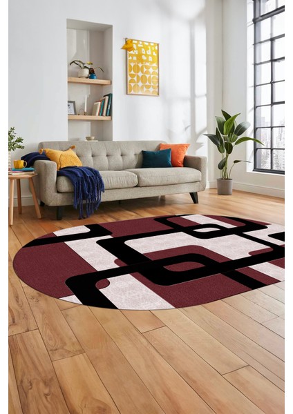 Şık Baskılı Kaymaz Yıkanabilir Modern Oval Yolluk Koridor Mutfak Salon Halısı O-Modern-40-Bordo fırsatları