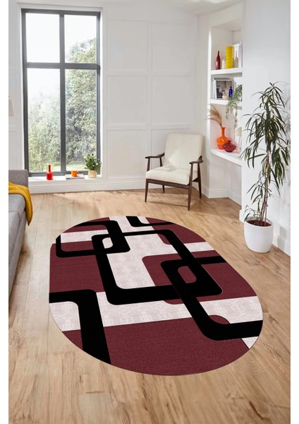 Şık Baskılı Kaymaz Yıkanabilir Modern Oval Yolluk Koridor Mutfak Salon Halısı O-Modern-40-Bordo indirimleri