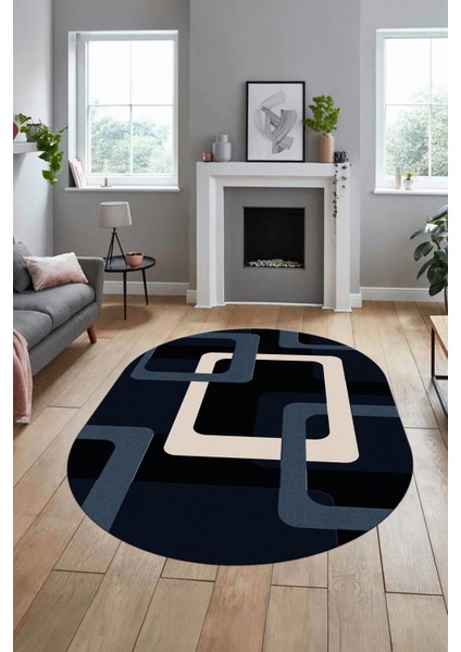 Şık Baskılı Kaymaz Yıkanabilir Modern Oval Yolluk Koridor Mutfak Salon Halısı O-Modern-40-Lacivert