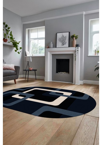 Şık Baskılı Kaymaz Yıkanabilir Modern Oval Yolluk Koridor Mutfak Salon Halısı O-Modern-40-Lacivert fiyatları