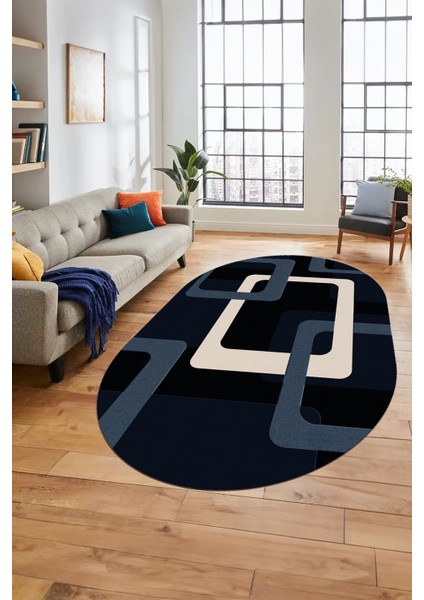 Şık Baskılı Kaymaz Yıkanabilir Modern Oval Yolluk Koridor Mutfak Salon Halısı O-Modern-40-Lacivert modelleri