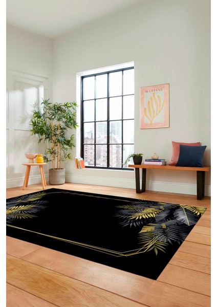 Modern Yaprak Desen Dijital Kaymaz Yıkanabilir Yolluk Mutfak Salon Halısı Modern-26-Gold