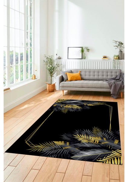 Modern Yaprak Desen Dijital Kaymaz Yıkanabilir Yolluk Mutfak Salon Halısı Modern-26-Gold