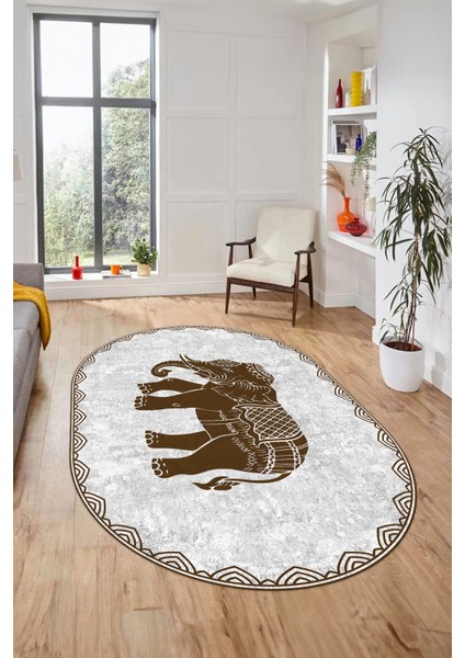 Fil Desen Baskılı Kaymaz Taban Yıkanabilir Modern Oval Yolluk Salon Halısı O-MODERN-101-KAHVE