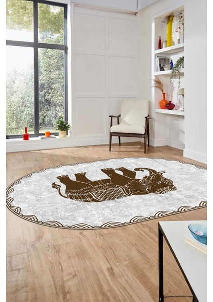 Fil Desen Baskılı Kaymaz Taban Yıkanabilir Modern Oval Yolluk Salon Halısı O-MODERN-101-KAHVE