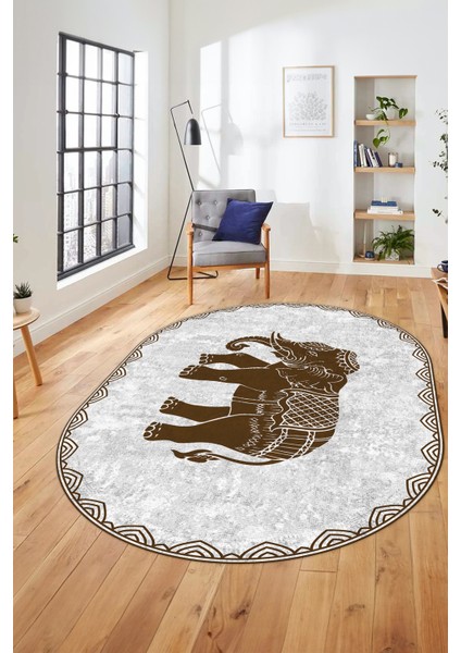 Fil Desen Baskılı Kaymaz Taban Yıkanabilir Modern Oval Yolluk Salon Halısı O-MODERN-101-KAHVE
