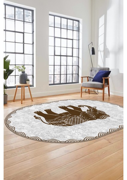 Fil Desen Baskılı Kaymaz Taban Yıkanabilir Modern Oval Yolluk Salon Halısı O-MODERN-101-KAHVE