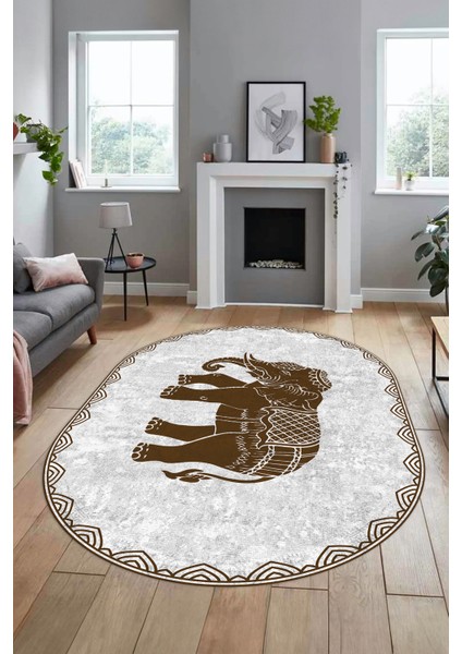 Fil Desen Baskılı Kaymaz Taban Yıkanabilir Modern Oval Yolluk Salon Halısı O-MODERN-101-KAHVE