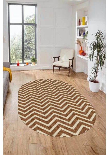 Zikzak Desen Baskılı Kaymaz Taban Yıkanabilir Modern Oval Yolluk Salon Halısı O-MODERN-102-KAHVE