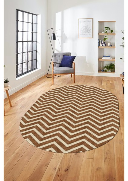 Zikzak Desen Baskılı Kaymaz Taban Yıkanabilir Modern Oval Yolluk Salon Halısı O-MODERN-102-KAHVE modelleri