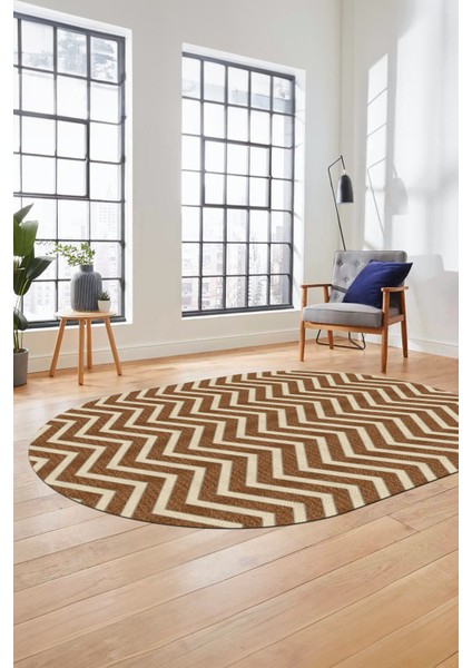 Zikzak Desen Baskılı Kaymaz Taban Yıkanabilir Modern Oval Yolluk Salon Halısı O-MODERN-102-KAHVE fırsatları