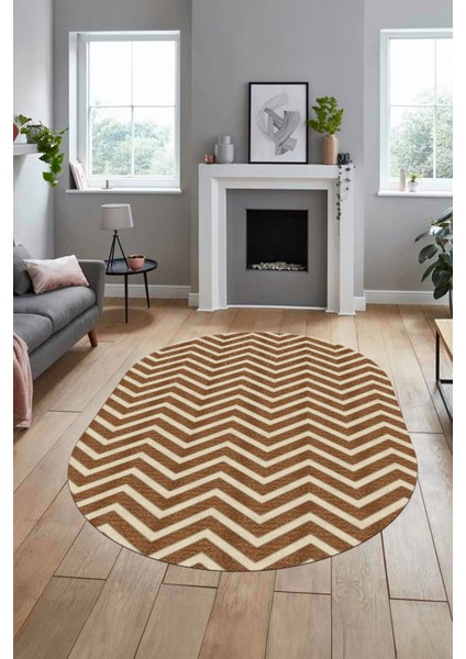 Zikzak Desen Baskılı Kaymaz Taban Yıkanabilir Modern Oval Yolluk Salon Halısı O-MODERN-102-KAHVE indirimleri