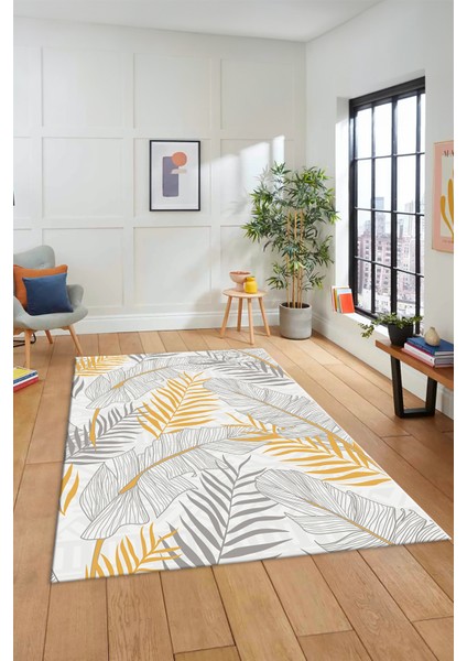 Yapraklı Baskılı Kaymaz Taban Yıkanabilir Modern Yolluk Salon Halısı Modern-98-Gri modelleri