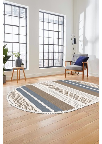 Modern Kilim Dijital Kaymaz Yıkanabilir Oval Yolluk Mutfak Salon Halısı O-Modern-18-Kahve
